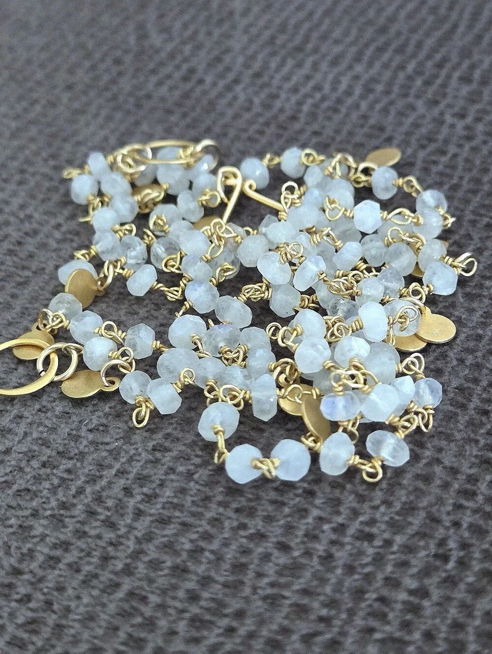 Long Necklace with Stationary Moonstone🌙 Beads and Brushed🖌 Gold💛 Paddles🏓 - Picture 9 of 16